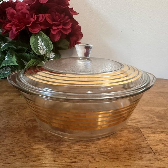 Vintage Inland Glass Casserole Dish with Lid Gold Stripe Design 1950s Oven Table - Picture 1 of 8